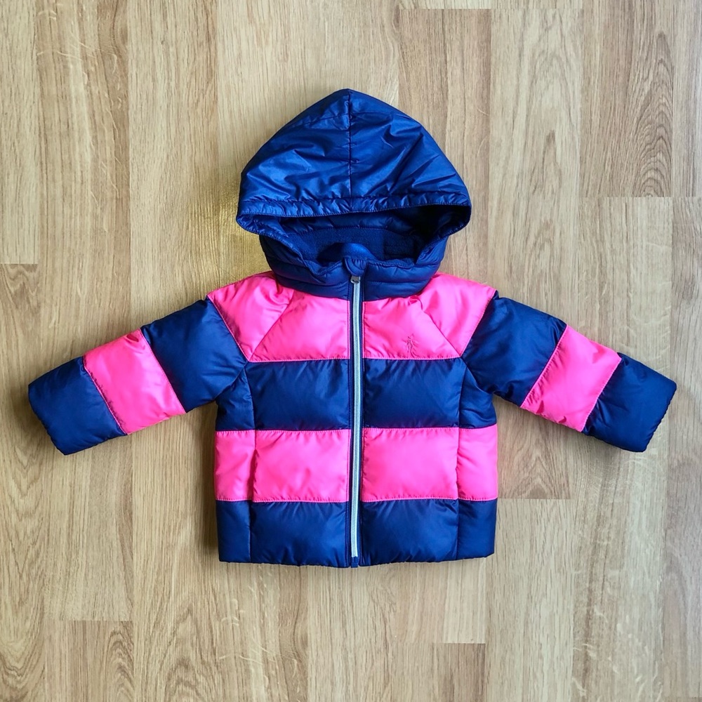 ‼️EUC Ralph Lauren Baby Girl Down Filled Coat-Hot Pink + Navy Stripes with Hood